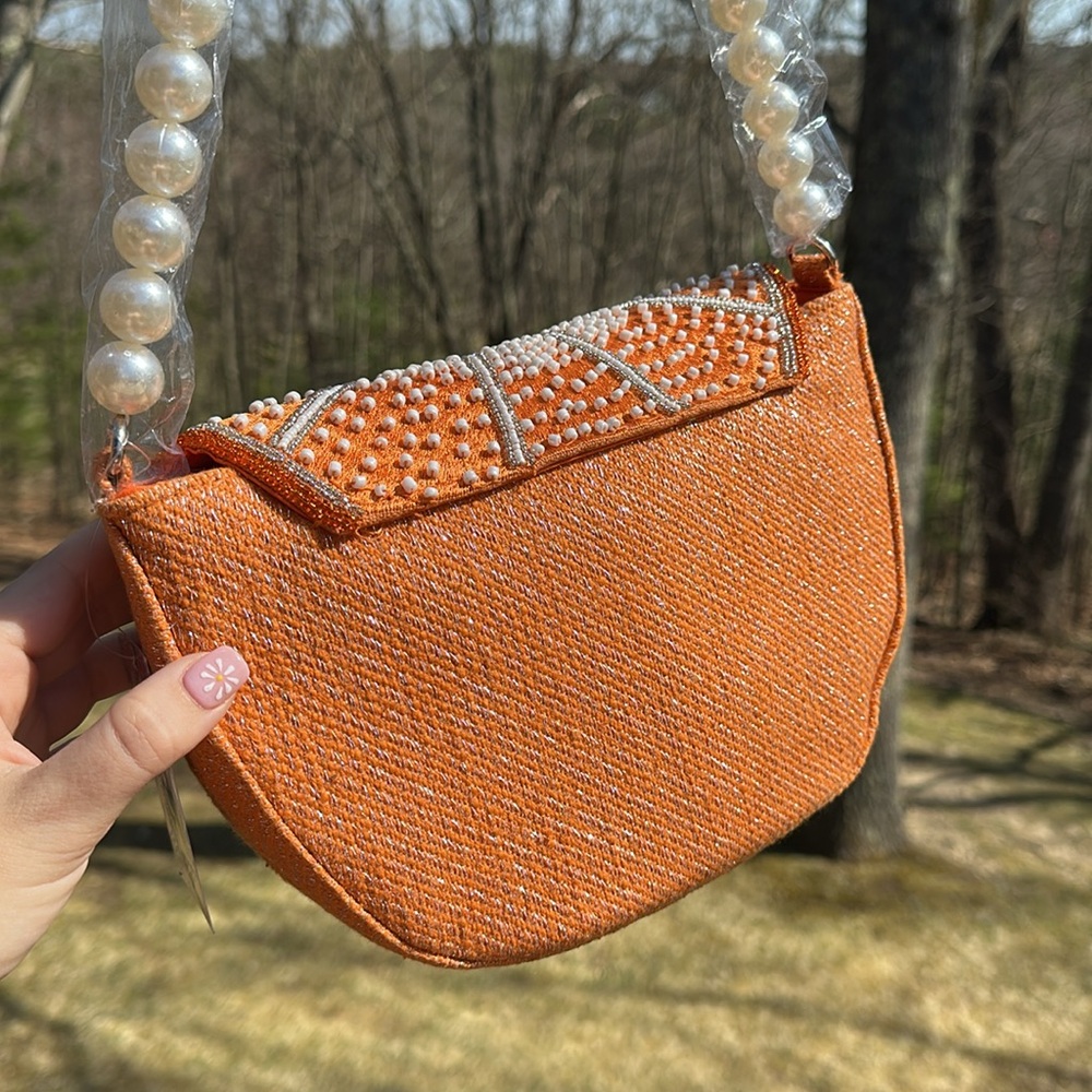 NWT VIRAL RARE Orange Beaded Handbag with Pearl Strap - Picture 6 of 13
